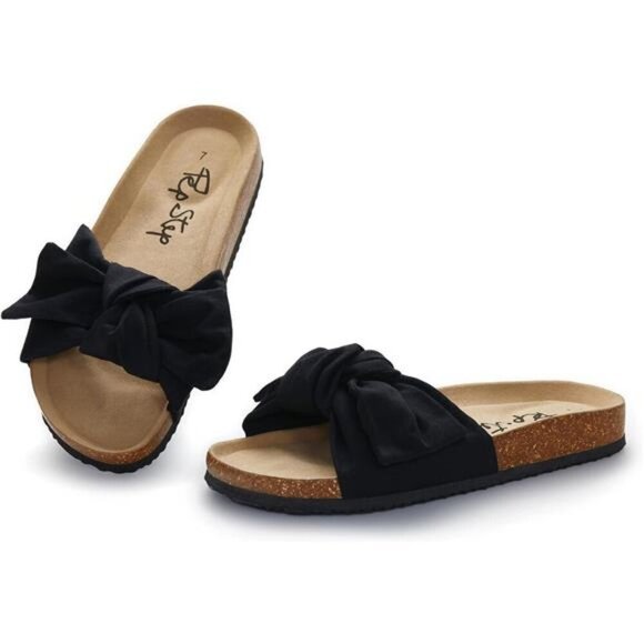 Women Slide Sandals with Bow Slip On Flat Summer Cork Footbed Comfy Shoes - Picture 4 of 7